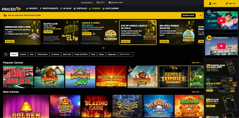 Priced Up Casino homepage