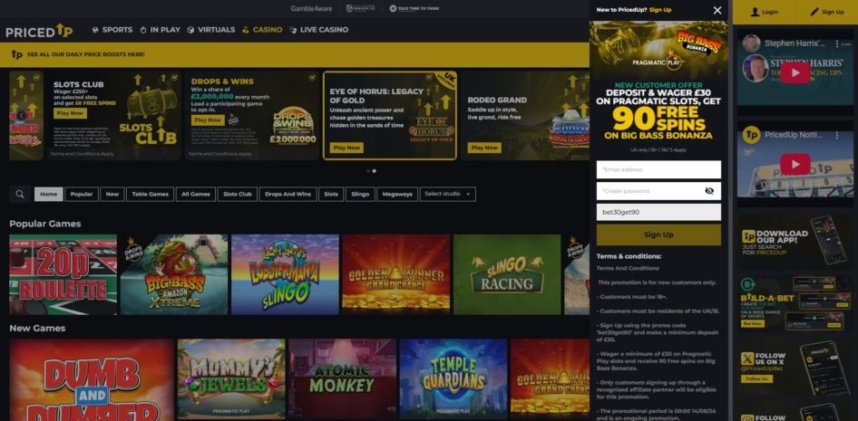 The Priced Up Casino welcome bonus
