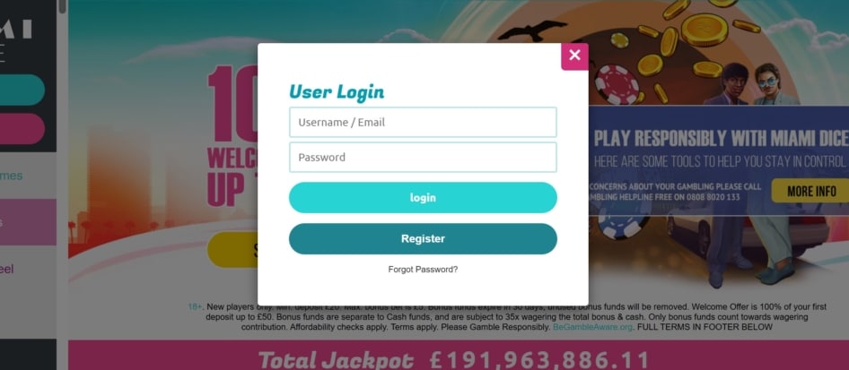 Login details at Miami Dice Casino include your username and password