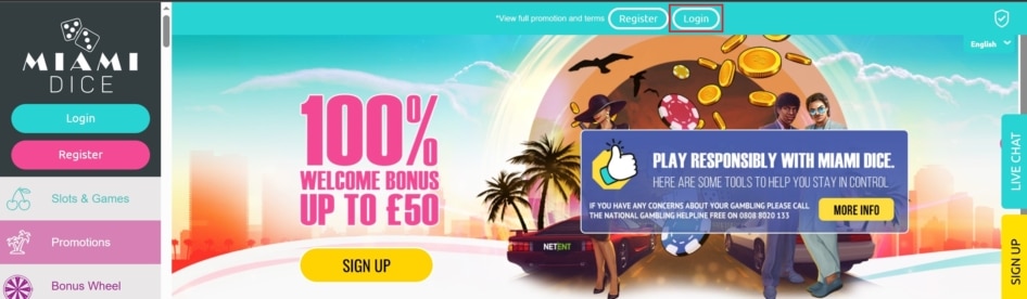 Miami Dice Log In button can be found in the upper part of the main page