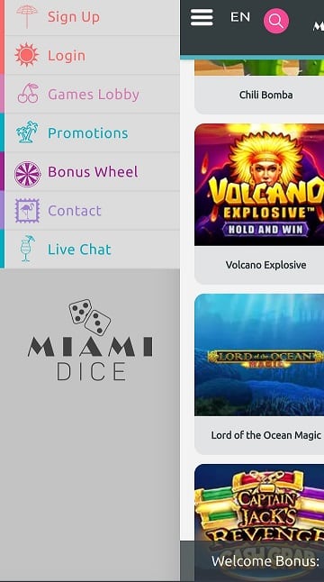 Miami Dice Casino Menu