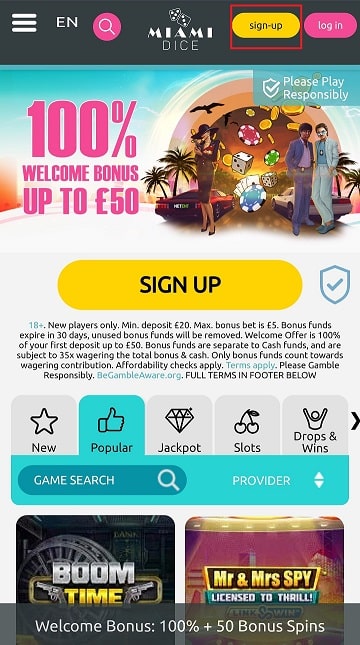 Miami Dice Casino's Mobile Sign-Up Button