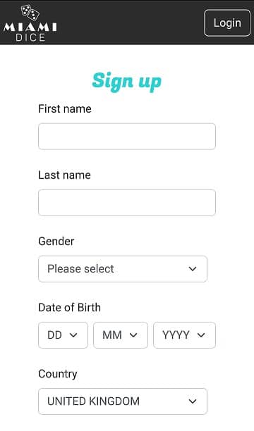 Mobile Sign Up form at Miami Dice