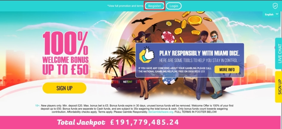 Miami Dice Casino Registration button can be found in the upper part of the main page