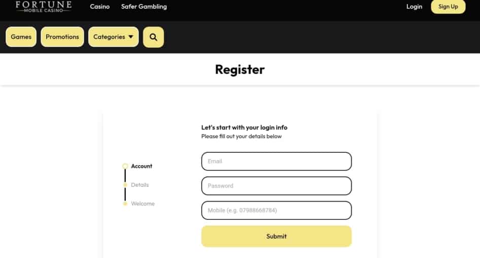 Fortune Mobile Casinoregistration page