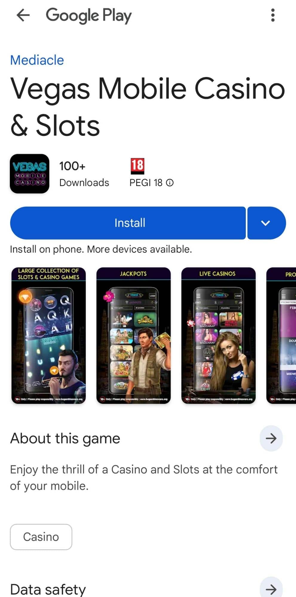 Vegas Mobile App page download