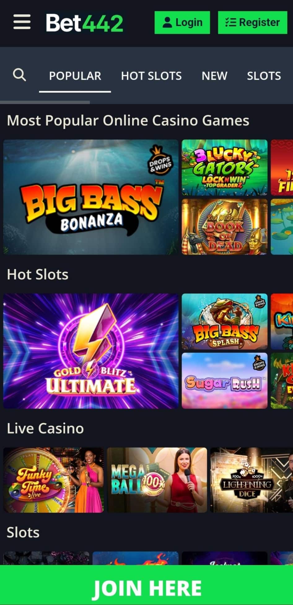 Bet442 Mobile Homepage