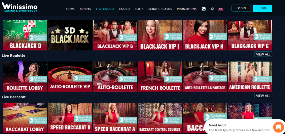 Winissimo Casino Live games