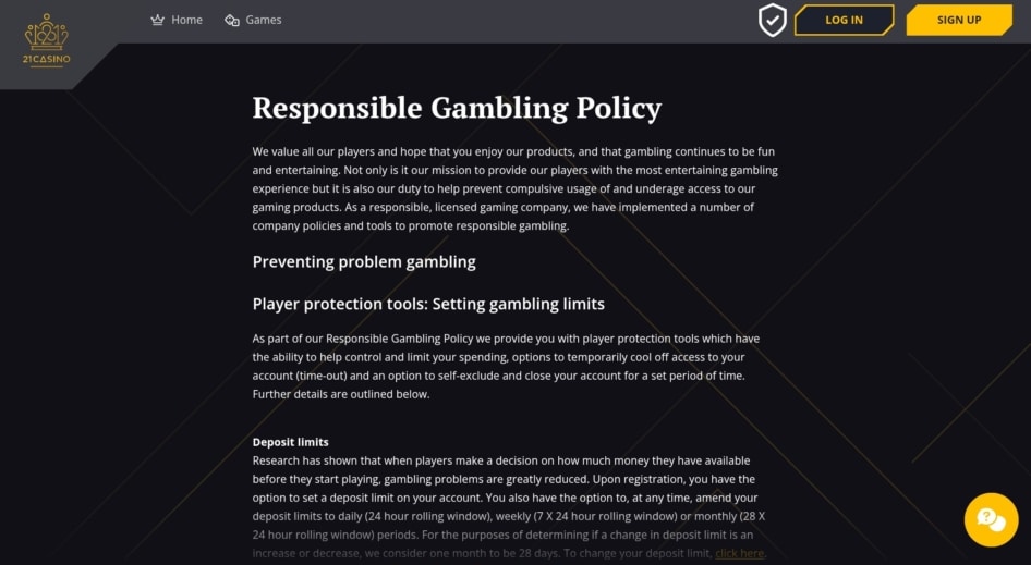 21 Casino Responsible Gaming