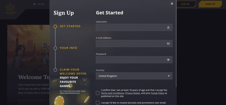 21 Casino Sign up Page