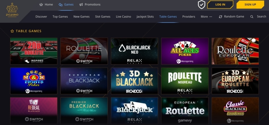 21 Casino Table Games Bonus Menu