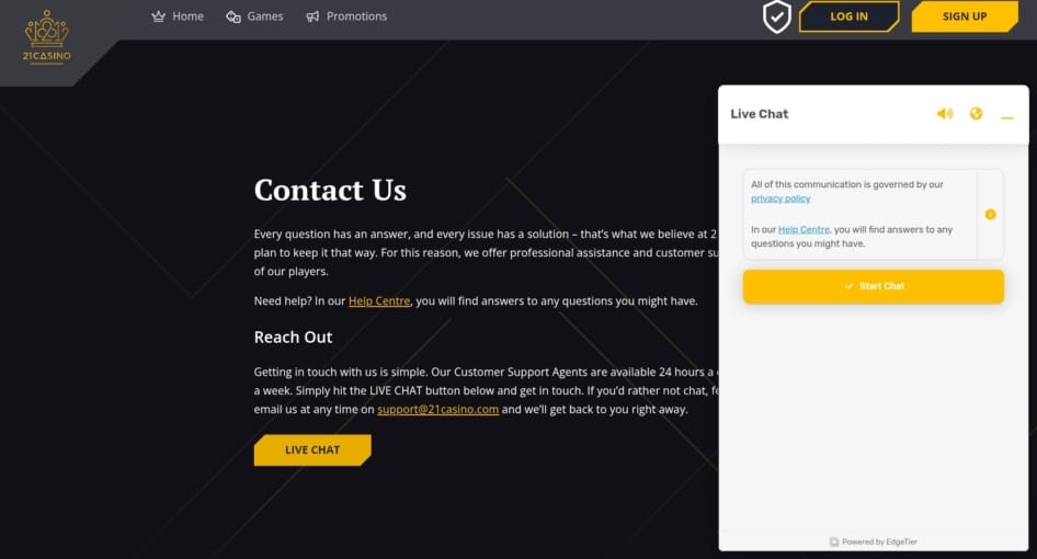 21 casino Contact Page Online