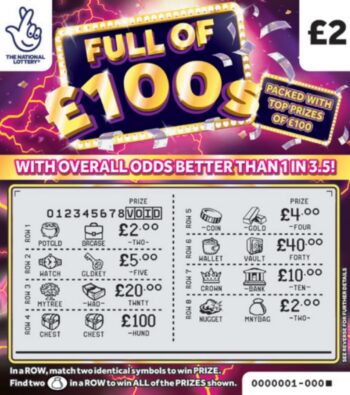 Sample of a cut scratch card Full Of £100s