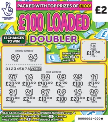 Sample of a scratched scratch card £100 Loaded Doubler