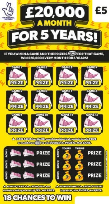 Sample of an uncut scratch card £20,000 A Month For 5 Years