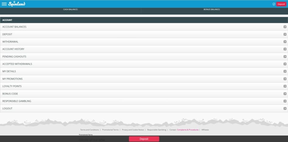 Account page at Spinland Casino