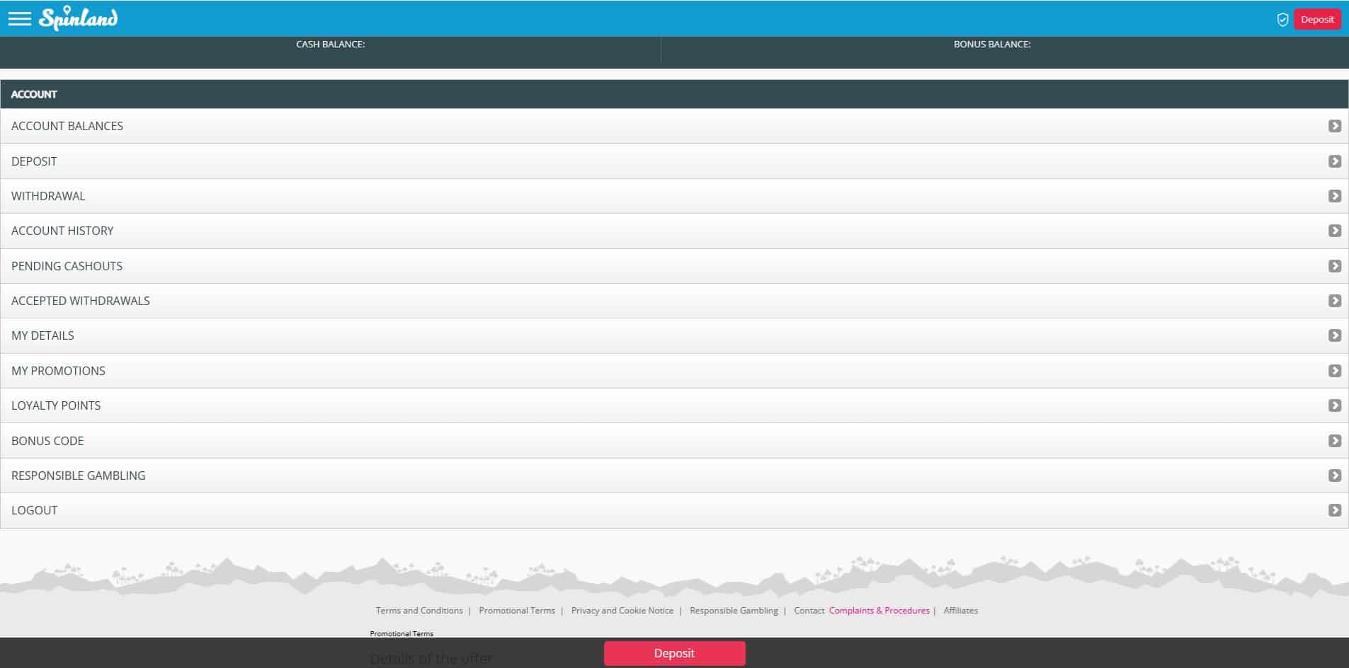 The account page of Spinland Casino