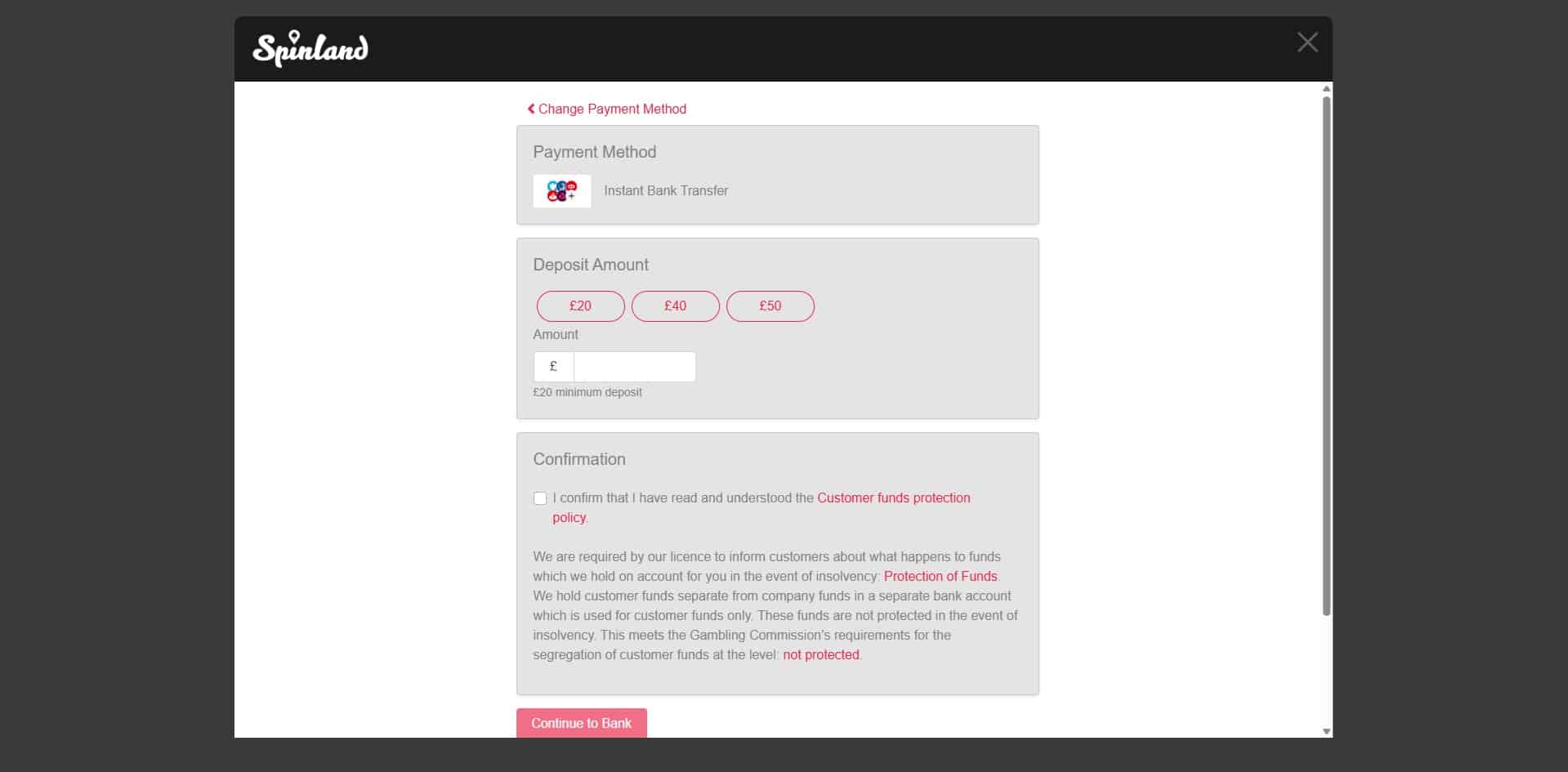 Payment page of Spinland Casino