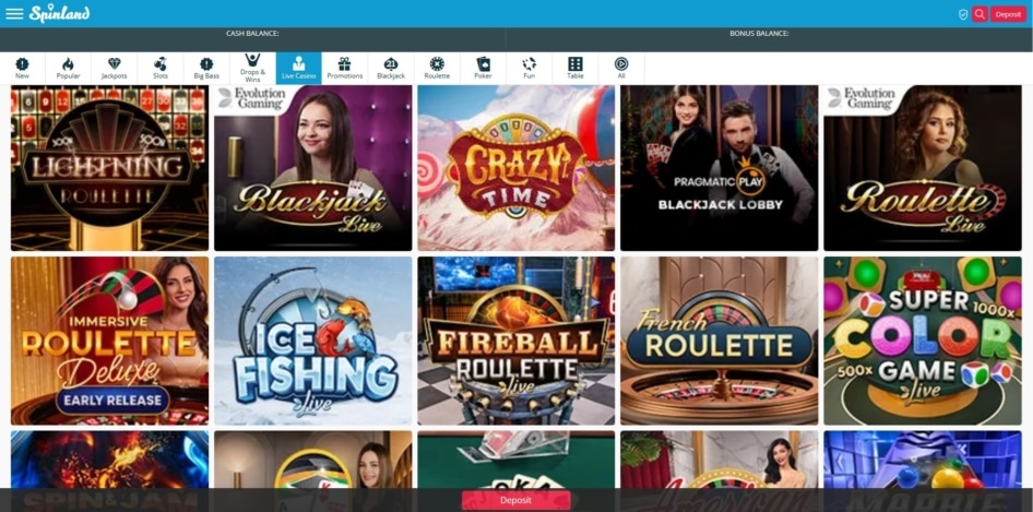 Live casino games at Spinland