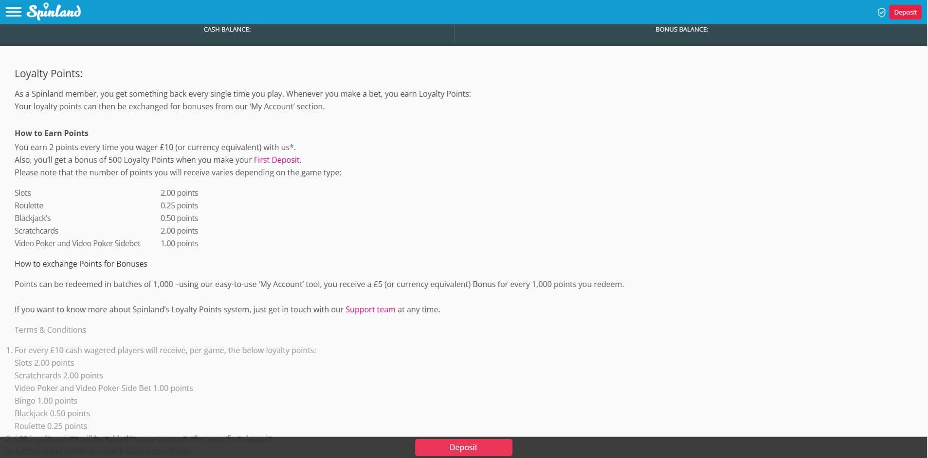 Loyalty points system at Spinland Casino