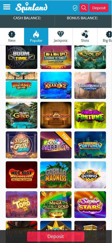 Spinland mobile casino homepage