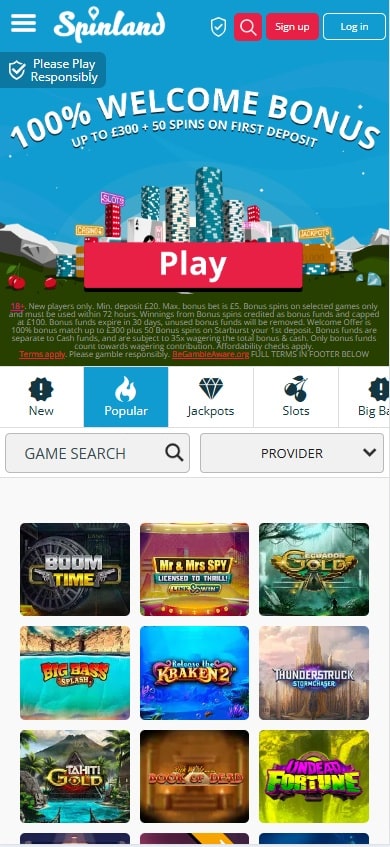 Landing page of Spinland Casino on mobile