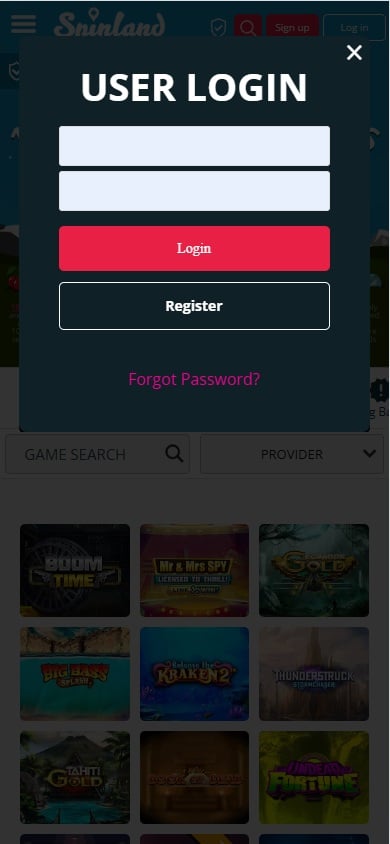 Spinland mobile login page