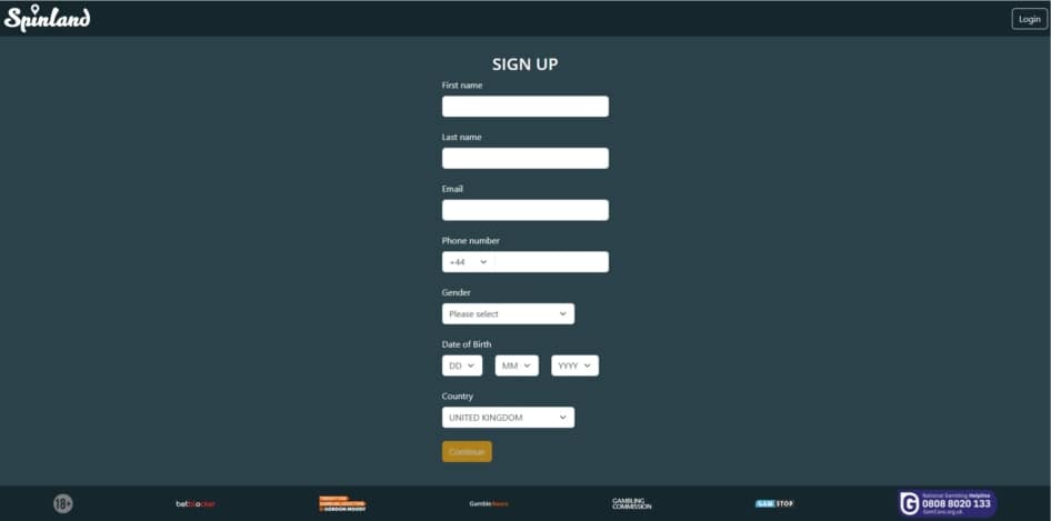 First page of the Spinland sign up process