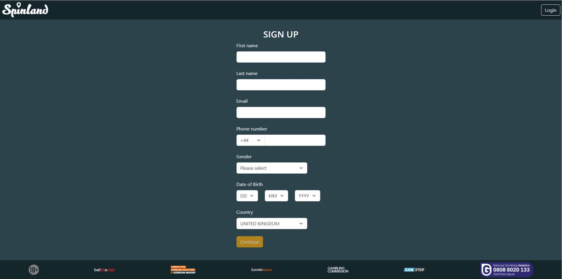 The first page of the Spinland sign up process