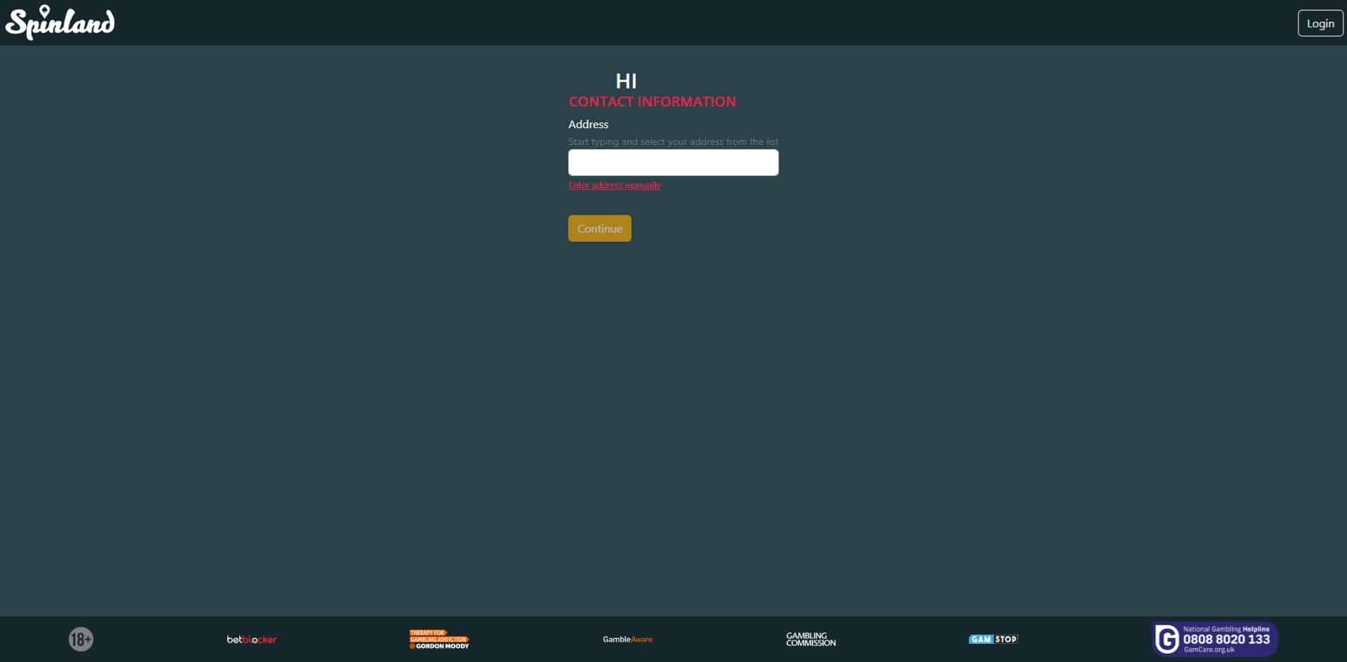 The second page of the Spinland sign up page