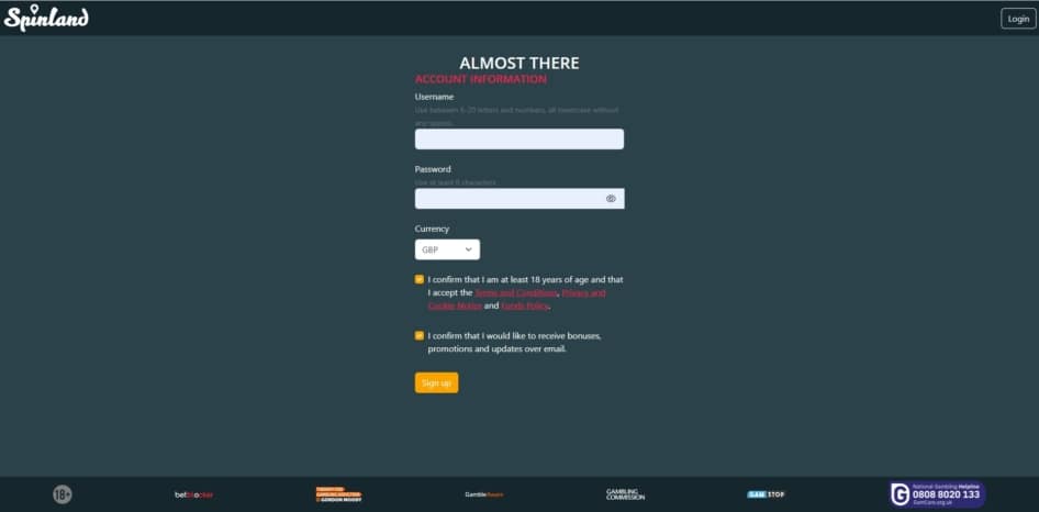 Third page of the Spinland sign up process