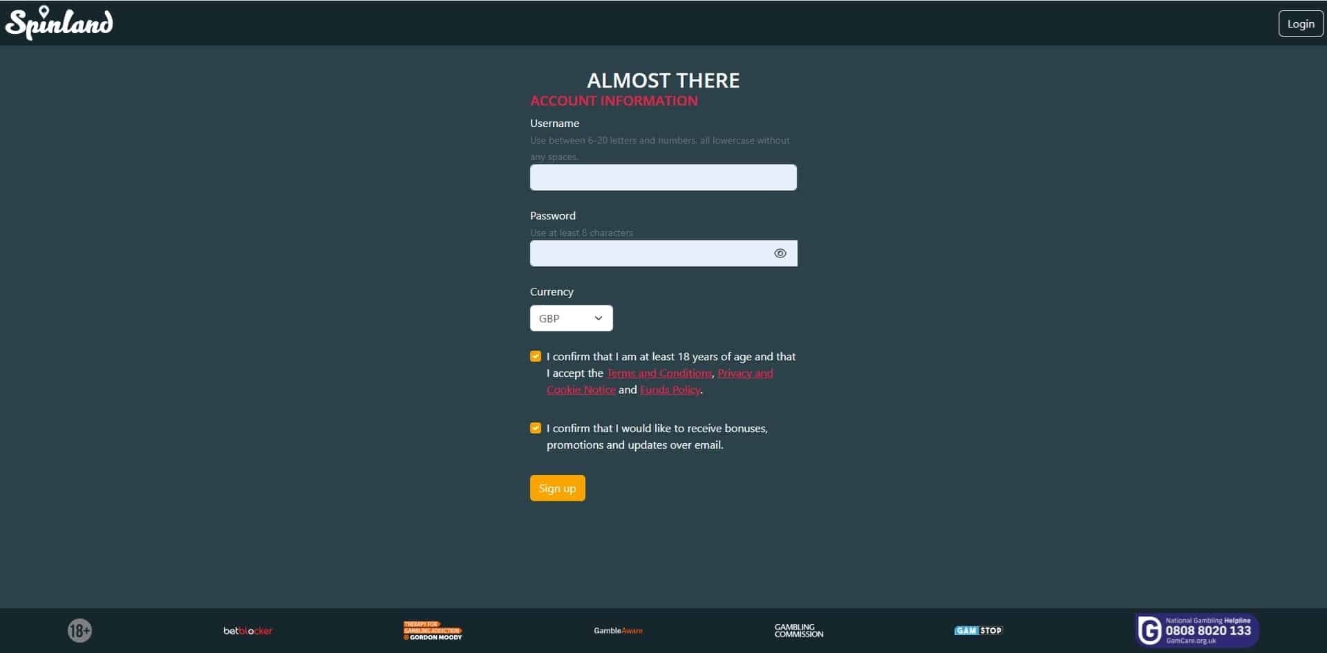 The third page of the Spinland sign up process