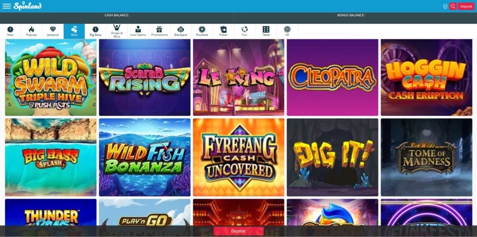 The collection of slots at Spinland
