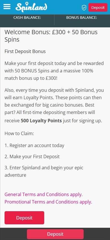 Spinland mobile welcome bonus