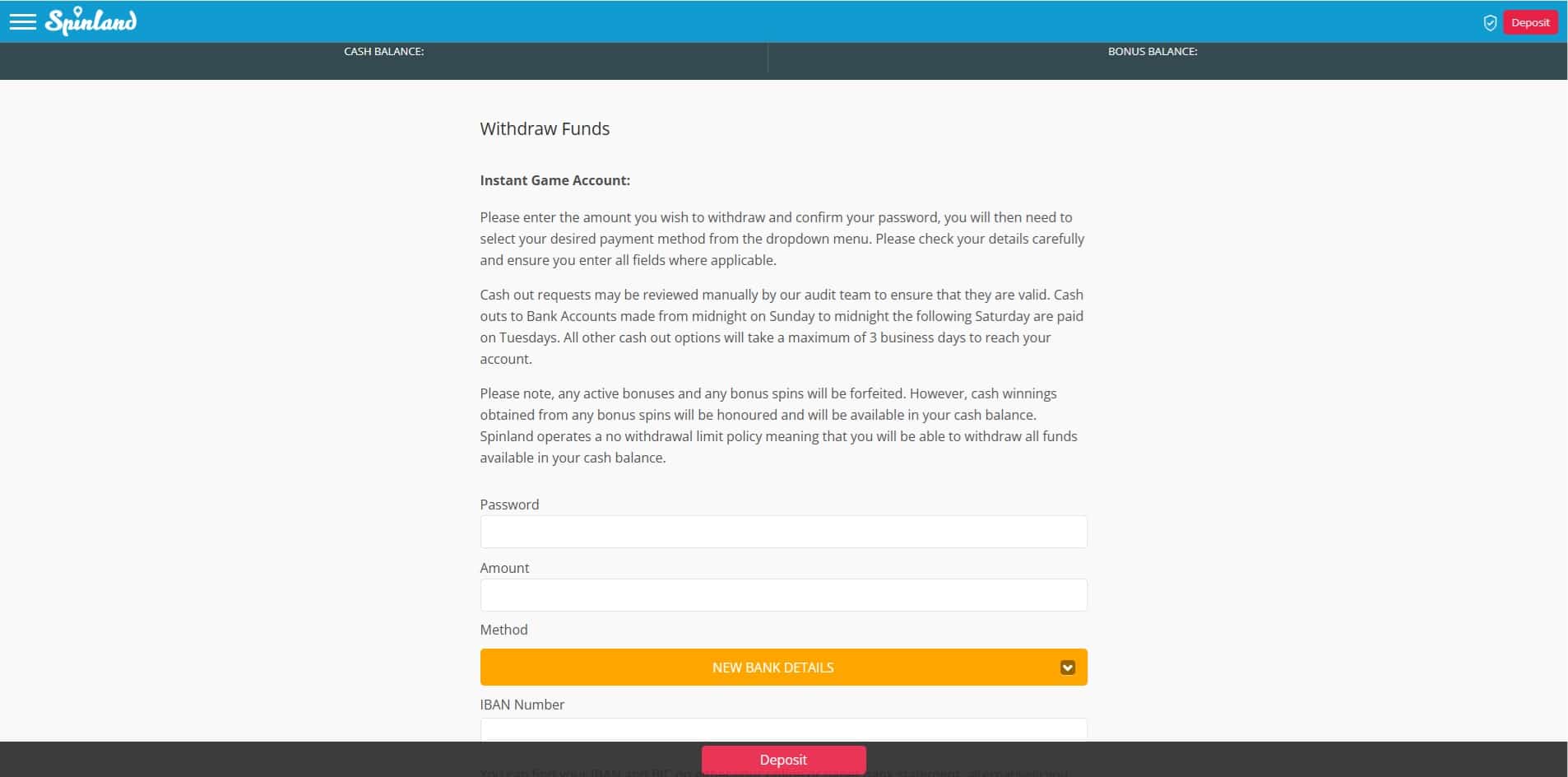 The withdrawal page of Spinland Casino