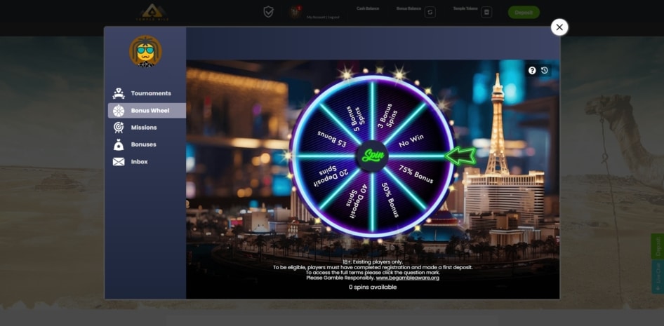 The bonus wheel at Temple Nile Casino