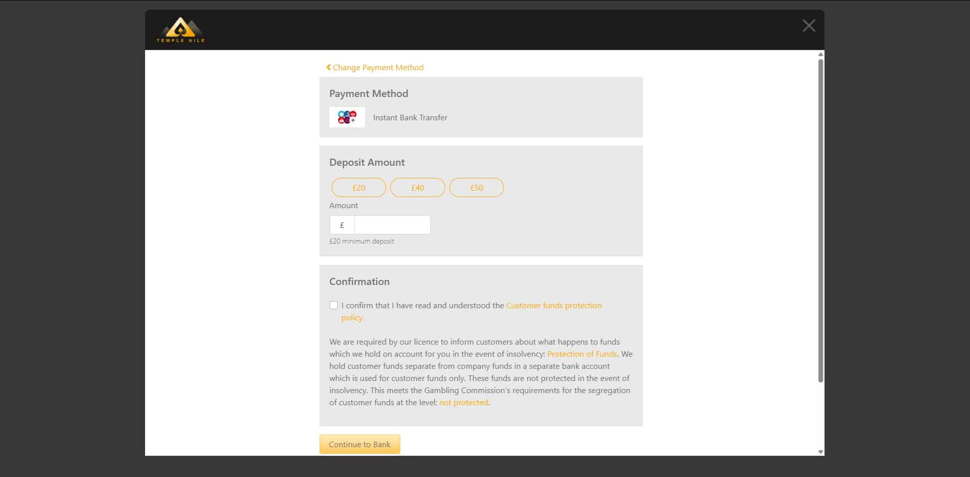 Payment page of the Temple Nile Casino