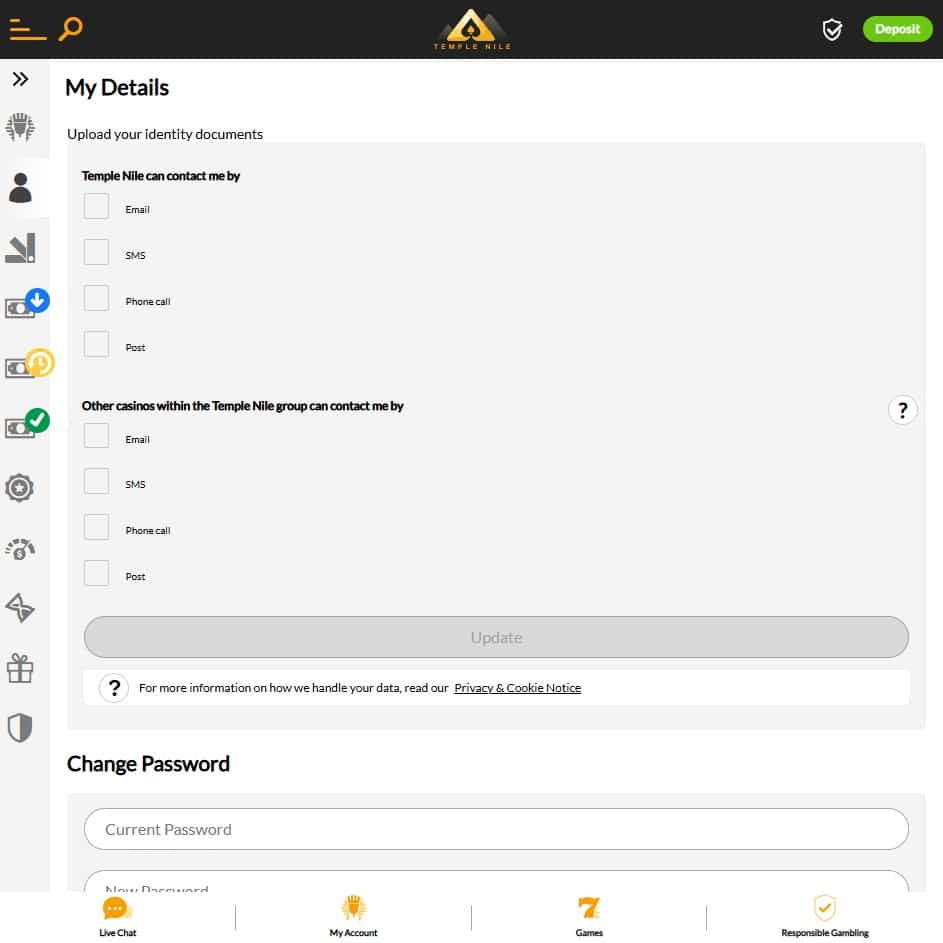 The My Details page of your Temple Nile Casino account