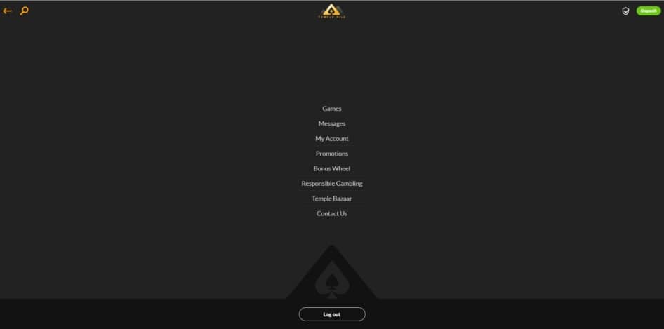 The side menu of Temple Nile Casino