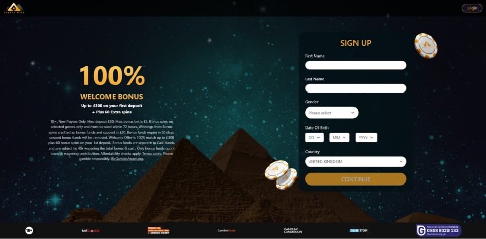 First page of the Temple Nile sign up process