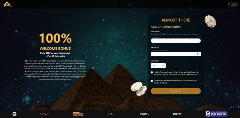 Final page of the Temple Nile sign up process
