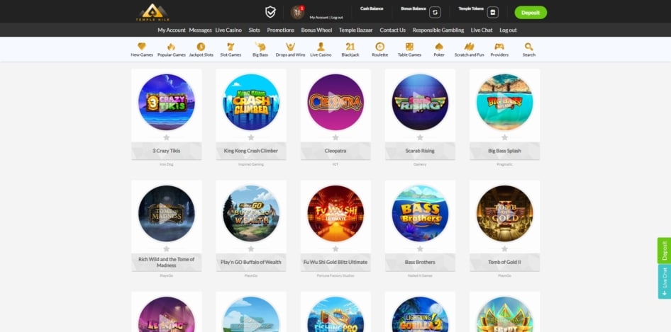 The online slots collection at Temple Nile Casino