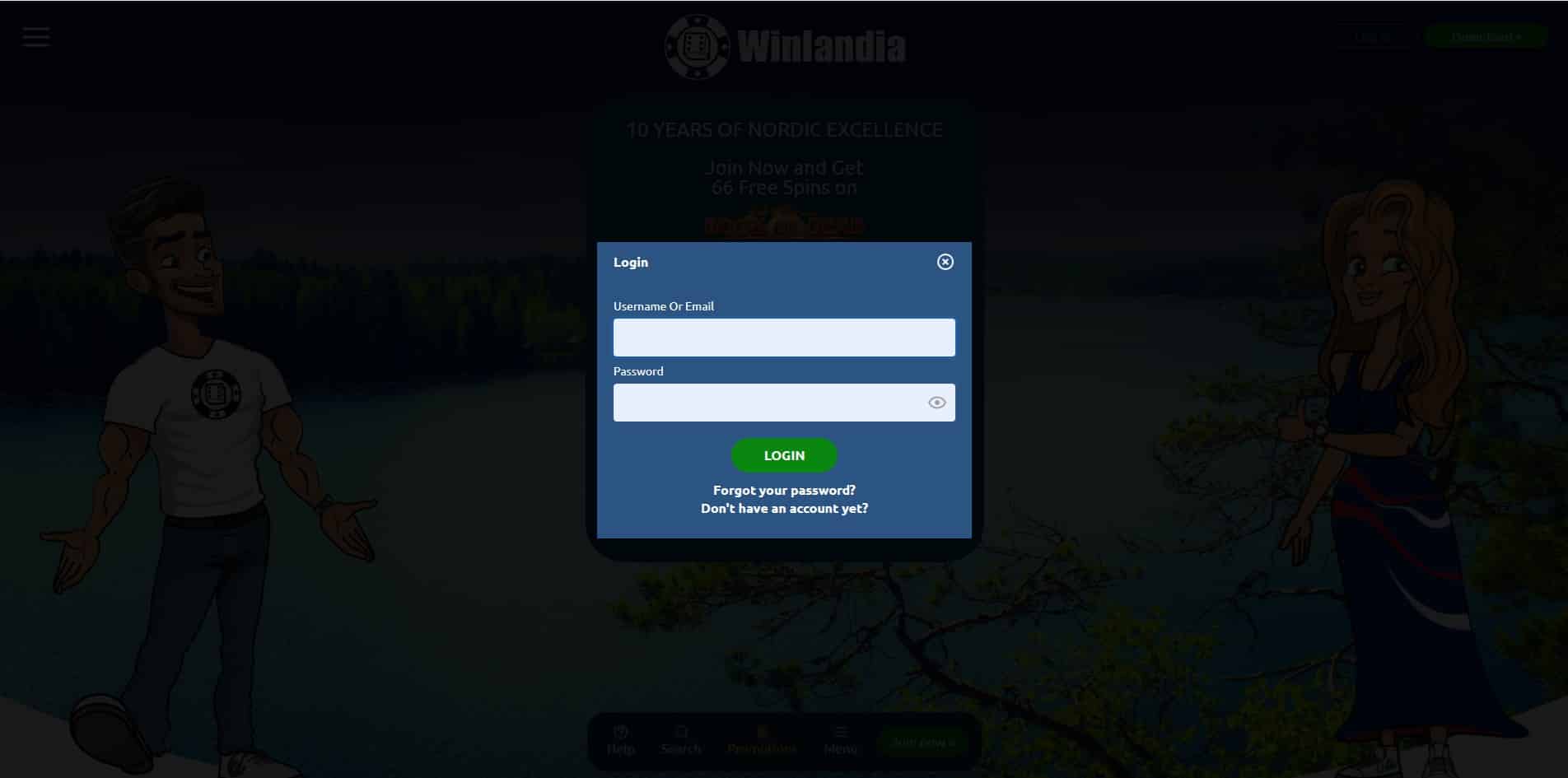 Login page of Winlandia casino