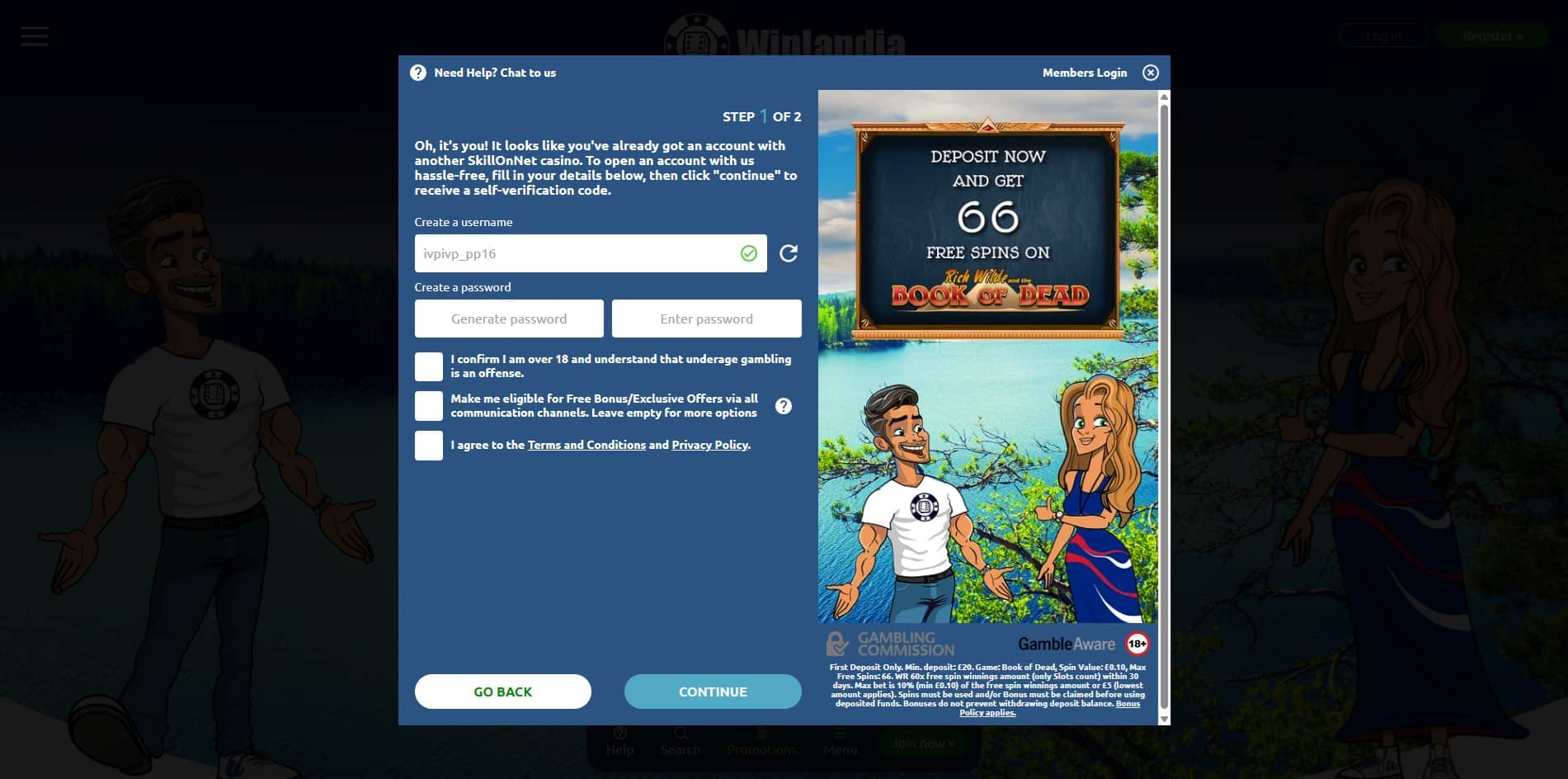 The second page of the Winlandia sign up process