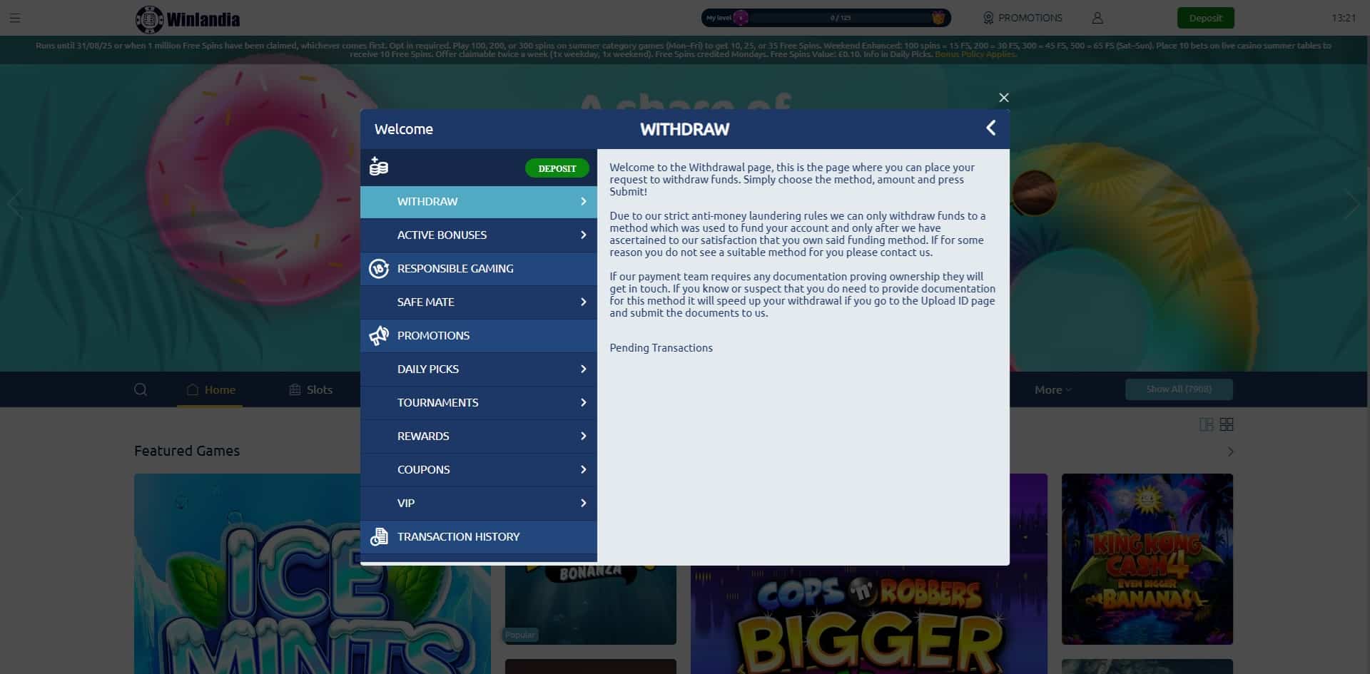 The withdrawal page at Winlandia Casino