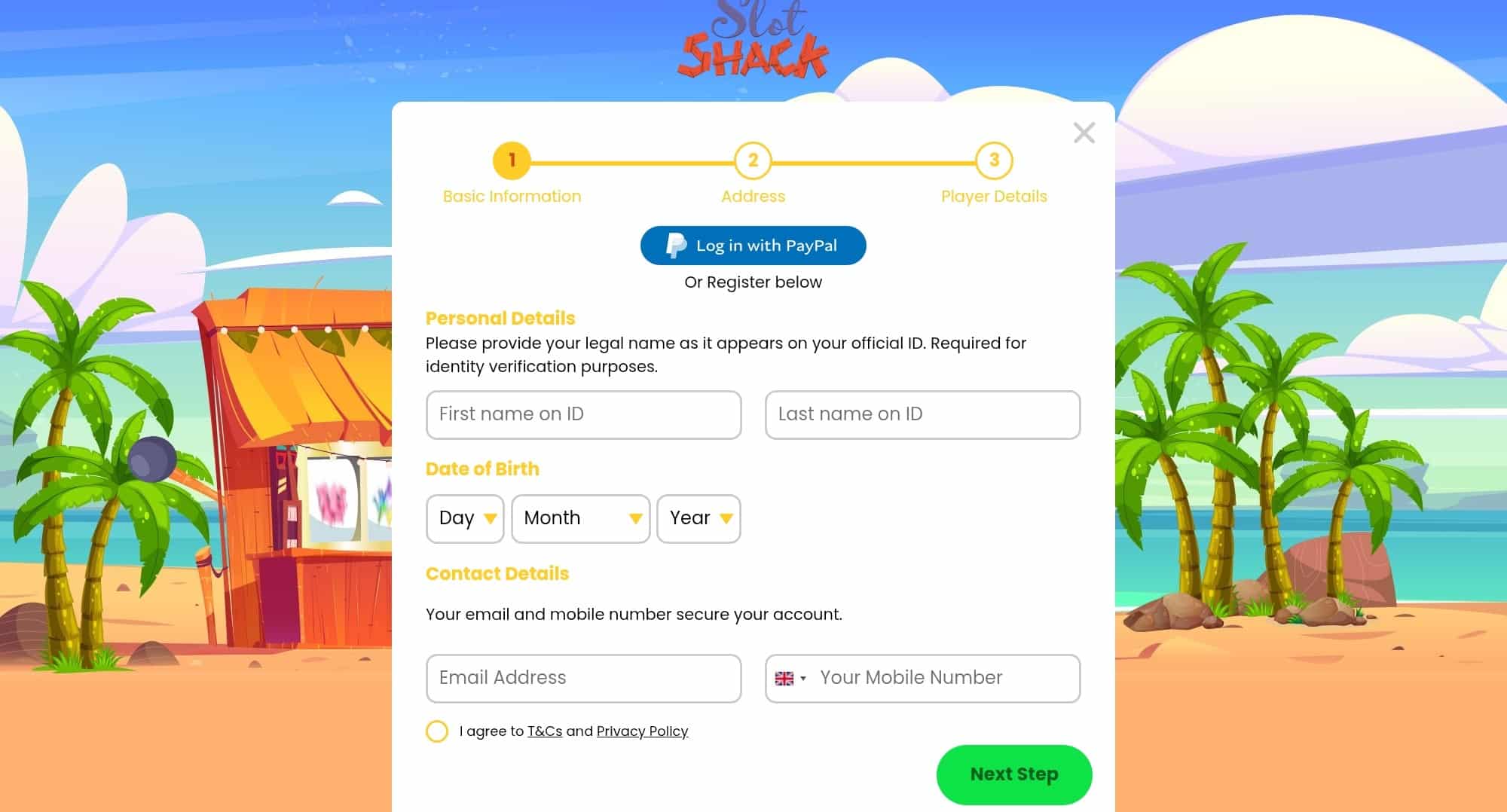 Slot Shack Sign up page