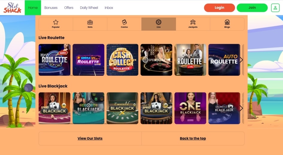 Slot Shack Live Casino Page