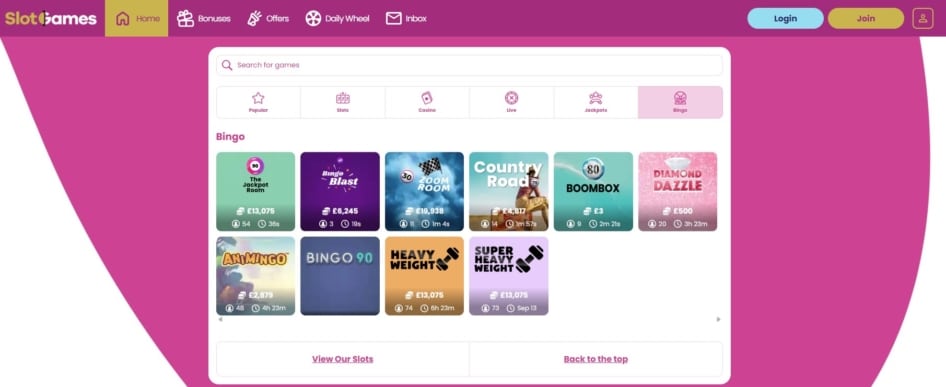 Slot Games Casino Bingo Page