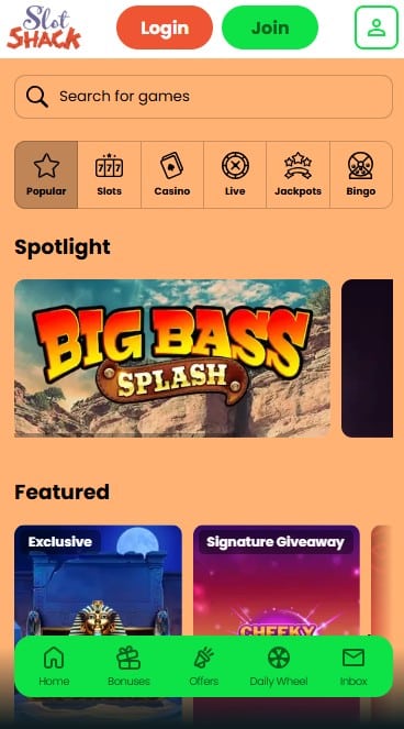 Slot Shack Mobile Homepage