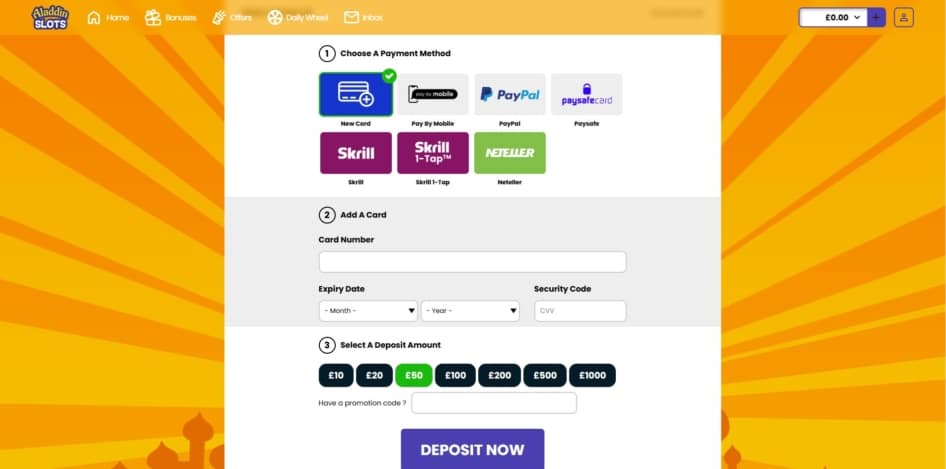 Deposit page at Aladdin Slots